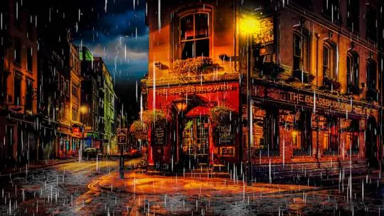 Imaginary cityscapes oil painting of The Glassblower pub on a rainy London street with warm orange reflections.
