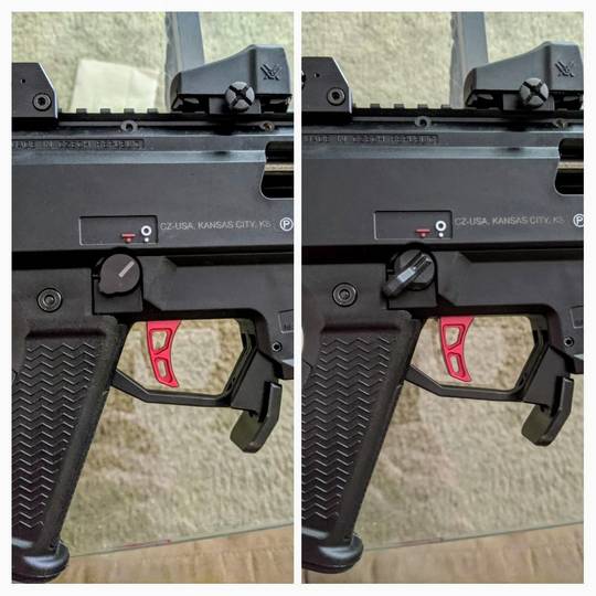 Strike Industries Ambi Safety side by side with HBI safety delete