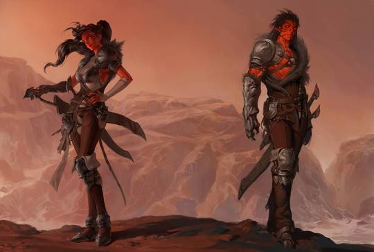 Ifrit red women in fantasy armor by Yoon Jung Geun in a rocky orange landscape