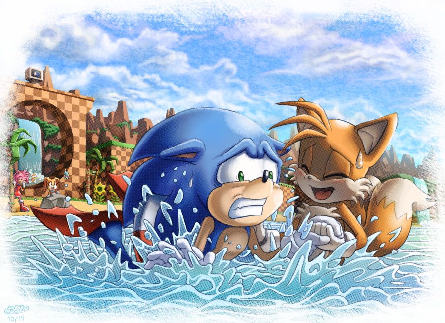 Tails trying to teach Sonic how to swim (Artist: glitcher)