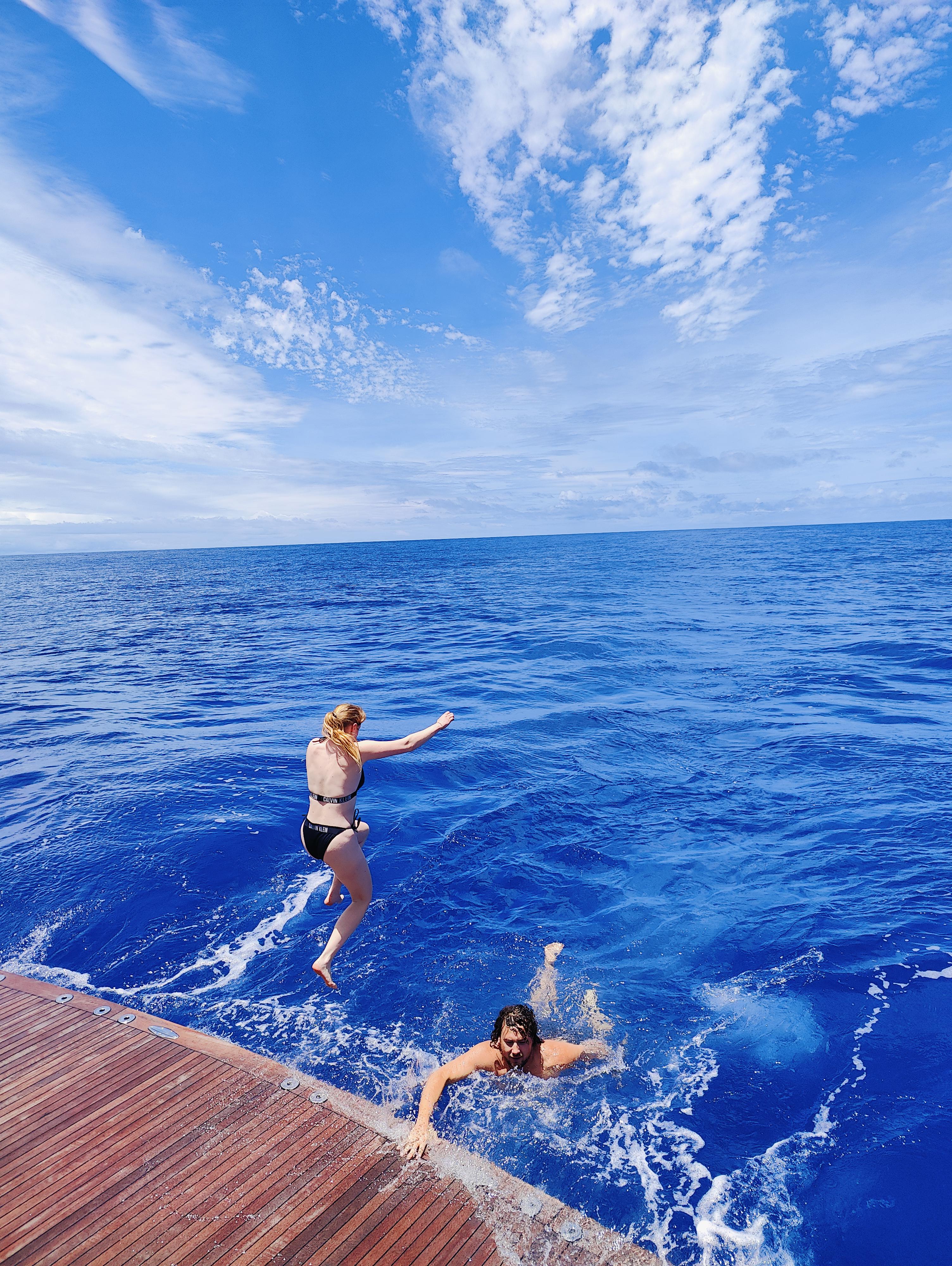 Taking a dip mid Atlantic ocean crossing. Halfway point !
