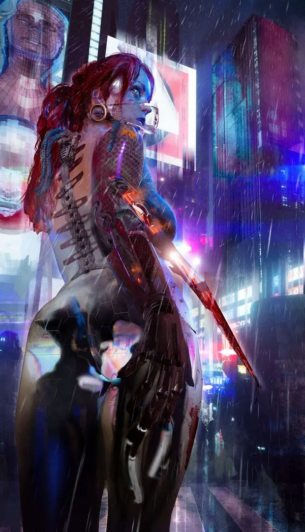 Cyberpunk cyborg woman by 柿十柿 G-QM with blue skin, red hair, and a black bodysuit in the rain