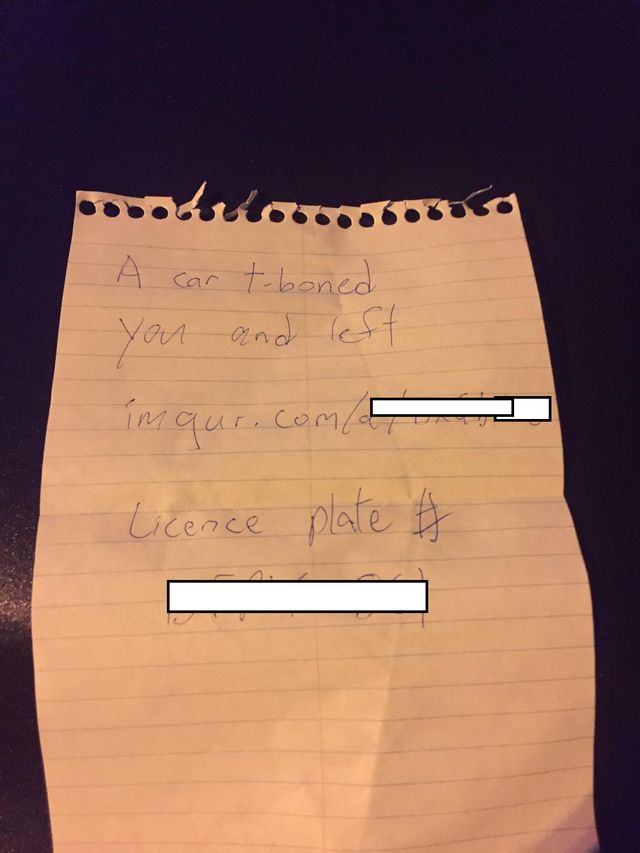 Thank you to the kind stranger who left this note on my windshield at the Unionville GO station a few weeks ago, complete with a link to photos they took of the jerk that hit my car and left while I was at work.