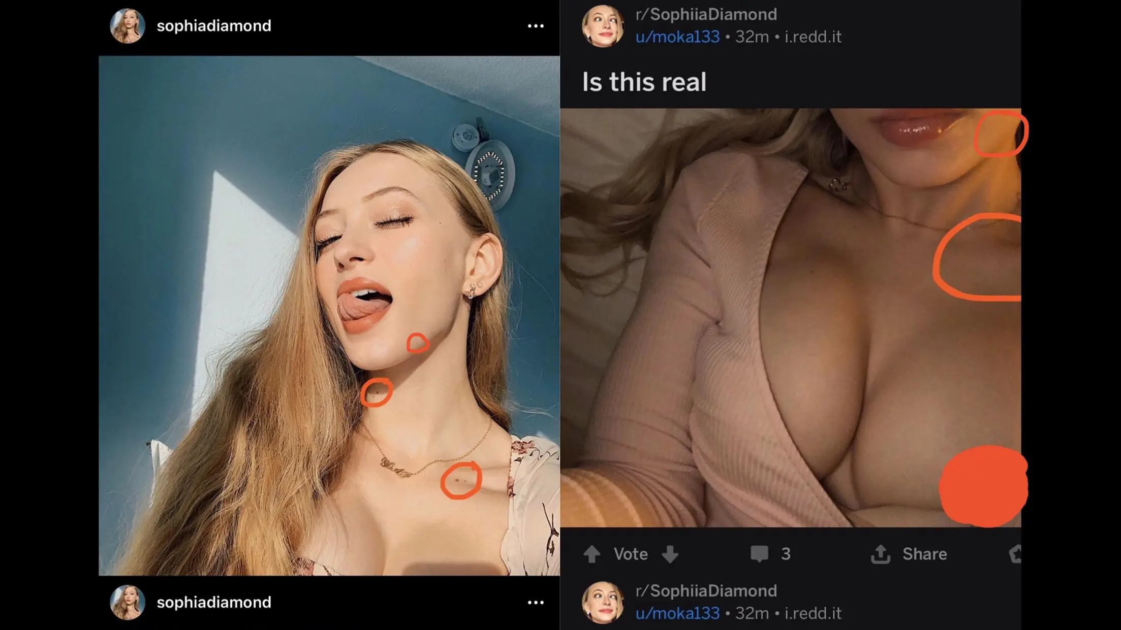 Thats not her guys. If you guys are ever curious if a girls “nudes” are real, compare the freckles/birth marks.