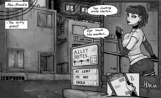 Futanari comic of a curvy goth woman and a blonde trans woman engaging in blowjobs and anal sex in a futuristic apartment.