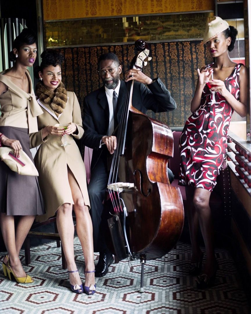 The bass player Ron Carter in Giorgio Armani, at the Lenox Lounge, with models dressed in Miu Miu from head to toe. Story: https://goo.gl/5cTqSS #RonCarter #fashion #jazz #jazzstage The New Yorker #Armani