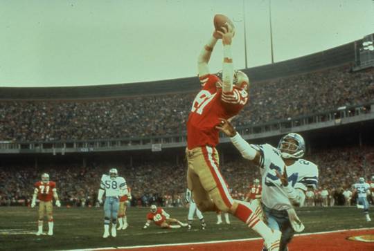 "The Catch": Dwight Clark makes the winning touchdown reception from a Joe Montana pass in the 1982 NFC Championship Game between the Dallas Cowboys and the San Francisco 49ers [825 x 554]