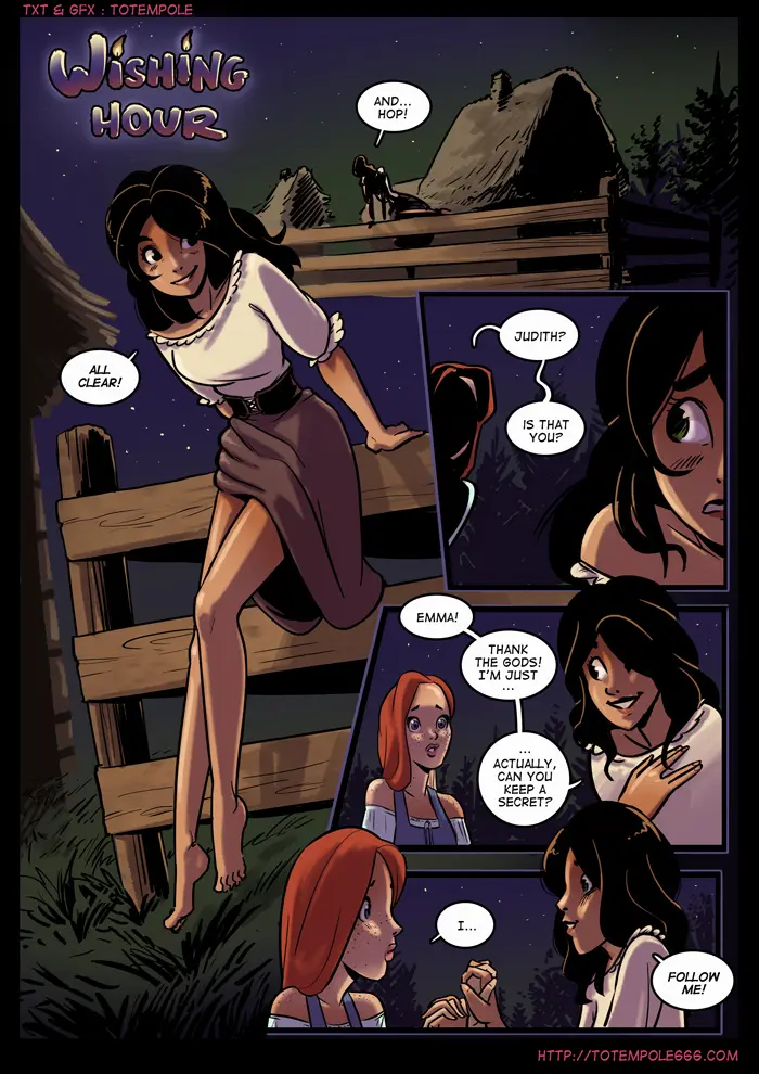 Emma and Audrey in a magical forest with a muscular satyr in the Wishing Hour comic
