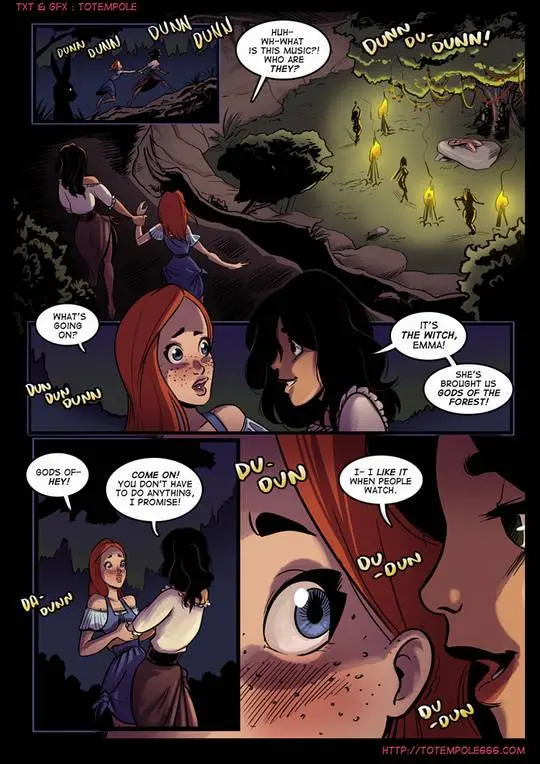 Emma and Audrey in a magical forest with a muscular satyr in the Wishing Hour comic