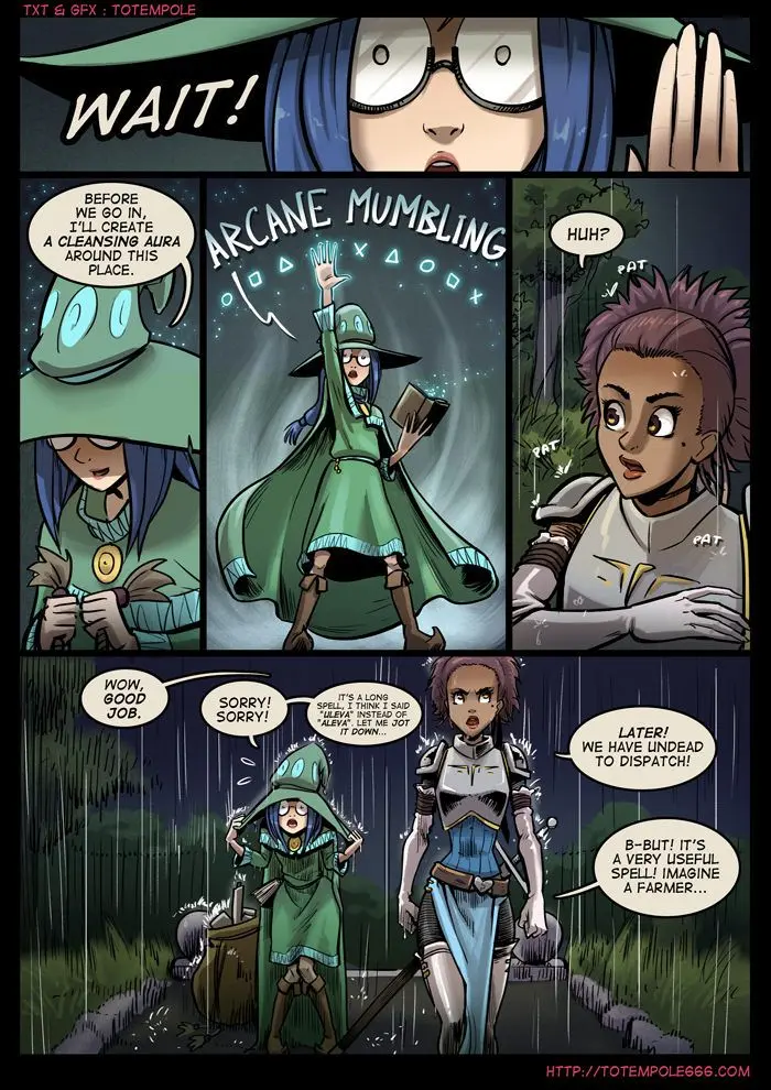 Totempole comic featuring a busty blonde witch, a muscular knight, and green demons in a fantasy setting.