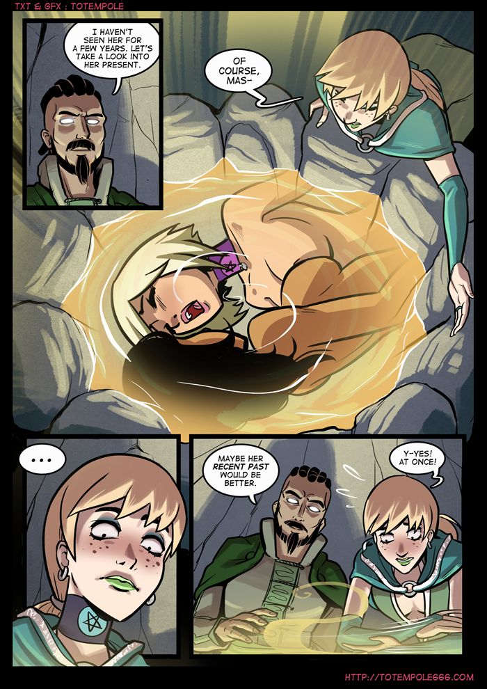 Totempole comic featuring a busty blonde witch, a muscular knight, and green demons in a fantasy setting.