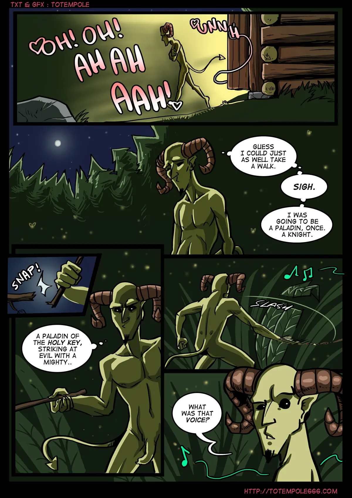 Totempole comic featuring a busty blonde witch, a muscular knight, and green demons in a fantasy setting.