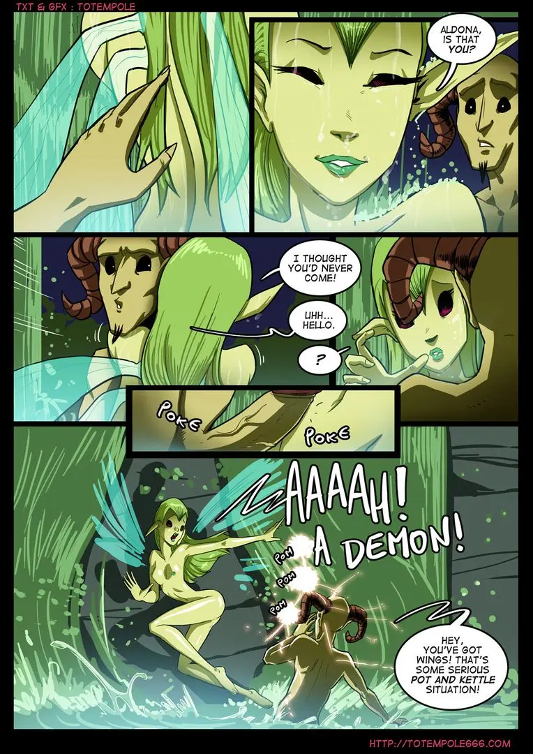 Totempole comic featuring a busty blonde witch, a muscular knight, and green demons in a fantasy setting.