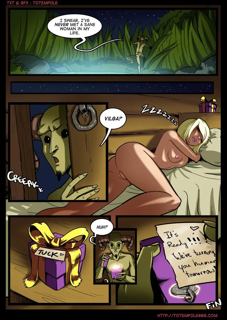 Totempole comic featuring a busty blonde witch, a muscular knight, and green demons in a fantasy setting.