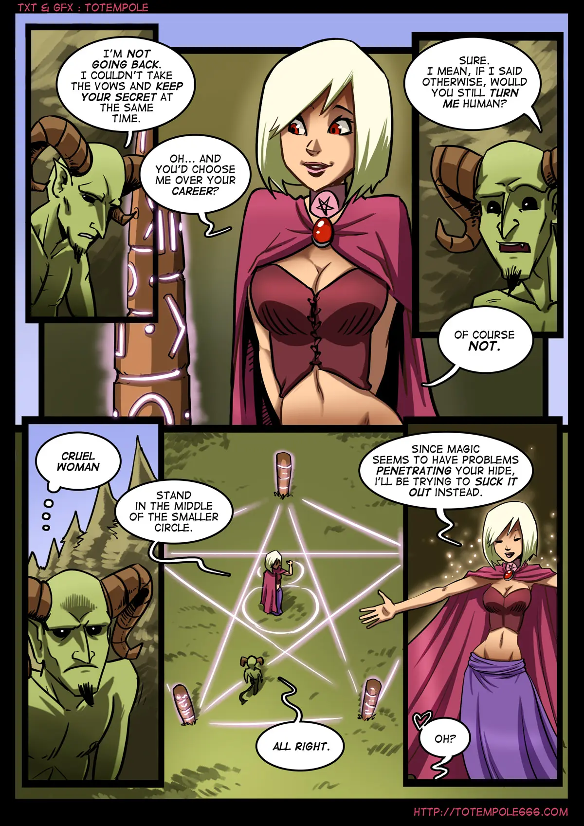 Totempole comic featuring a busty blonde witch, a muscular knight, and green demons in a fantasy setting.