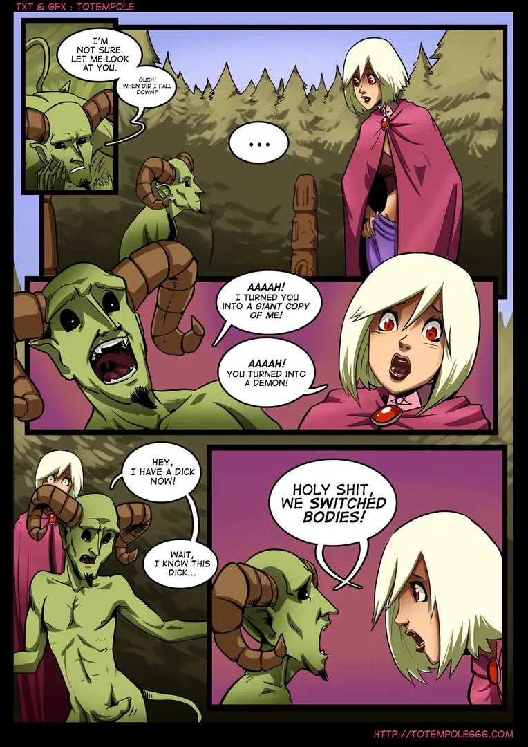 Totempole comic featuring a busty blonde witch, a muscular knight, and green demons in a fantasy setting.