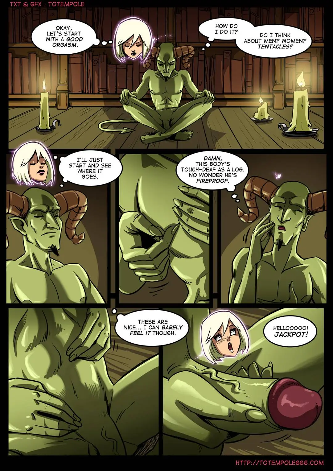 Totempole comic featuring a busty blonde witch, a muscular knight, and green demons in a fantasy setting.