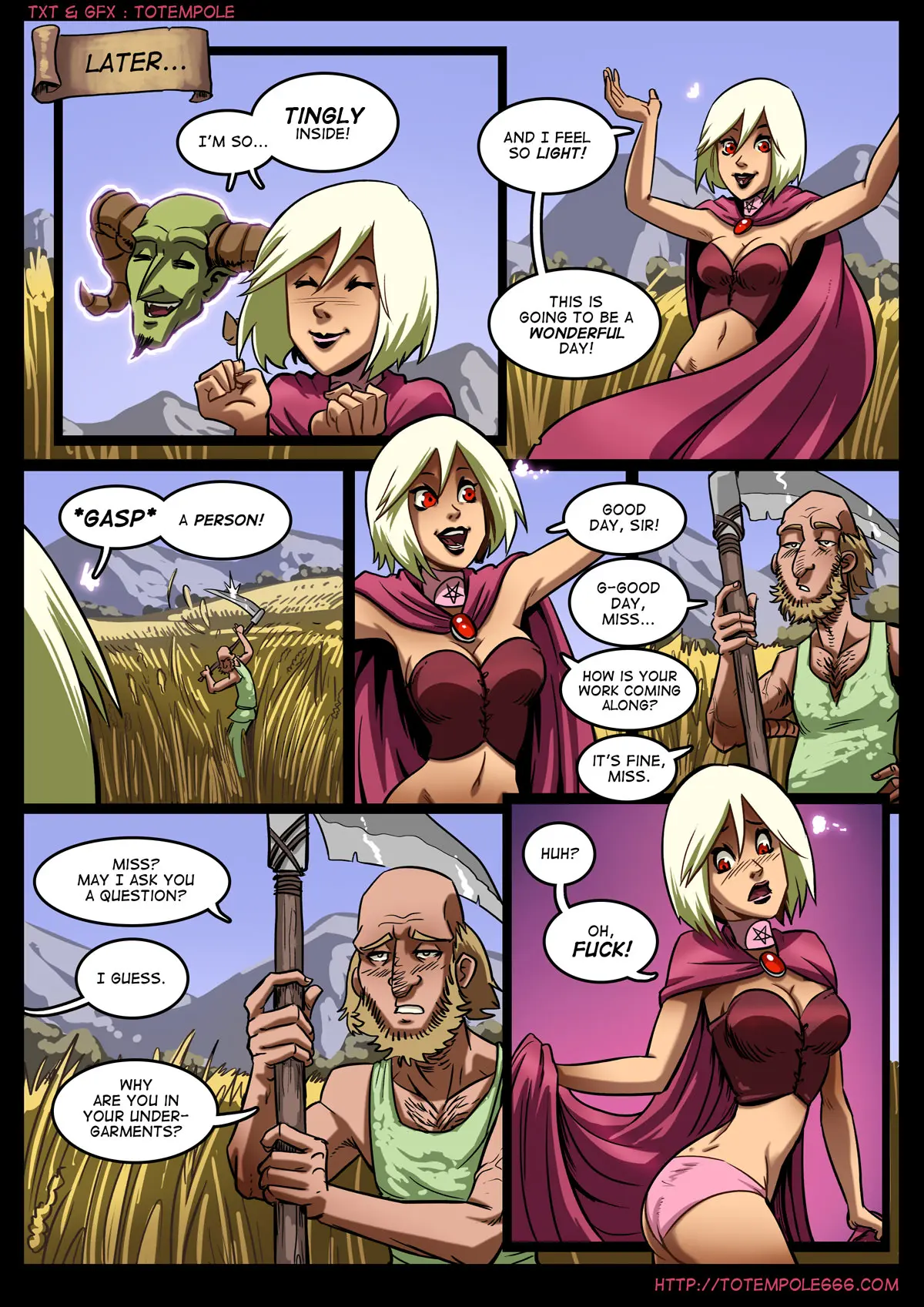 Totempole comic featuring a busty blonde witch, a muscular knight, and green demons in a fantasy setting.