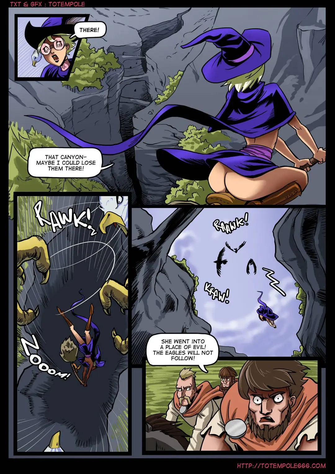 Totempole comic featuring a busty blonde witch, a muscular knight, and green demons in a fantasy setting.