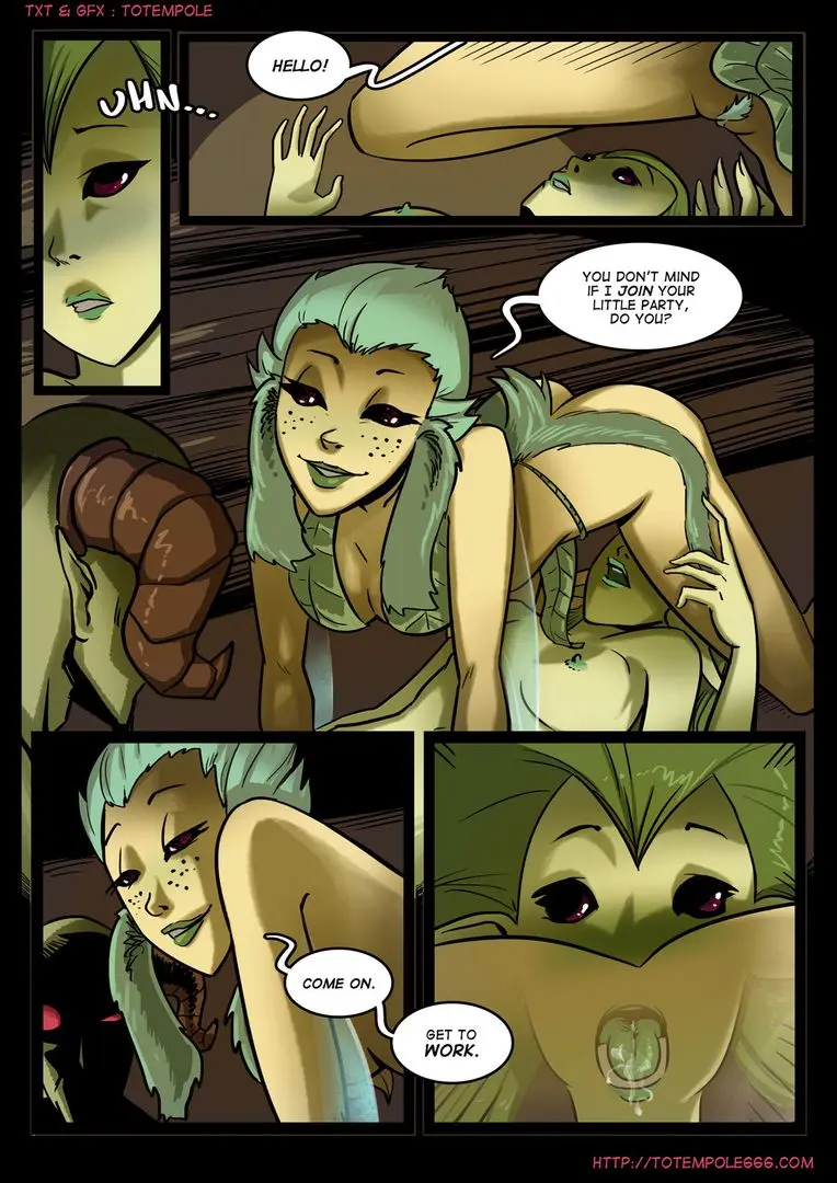 Totempole comic featuring a busty blonde witch, a muscular knight, and green demons in a fantasy setting.