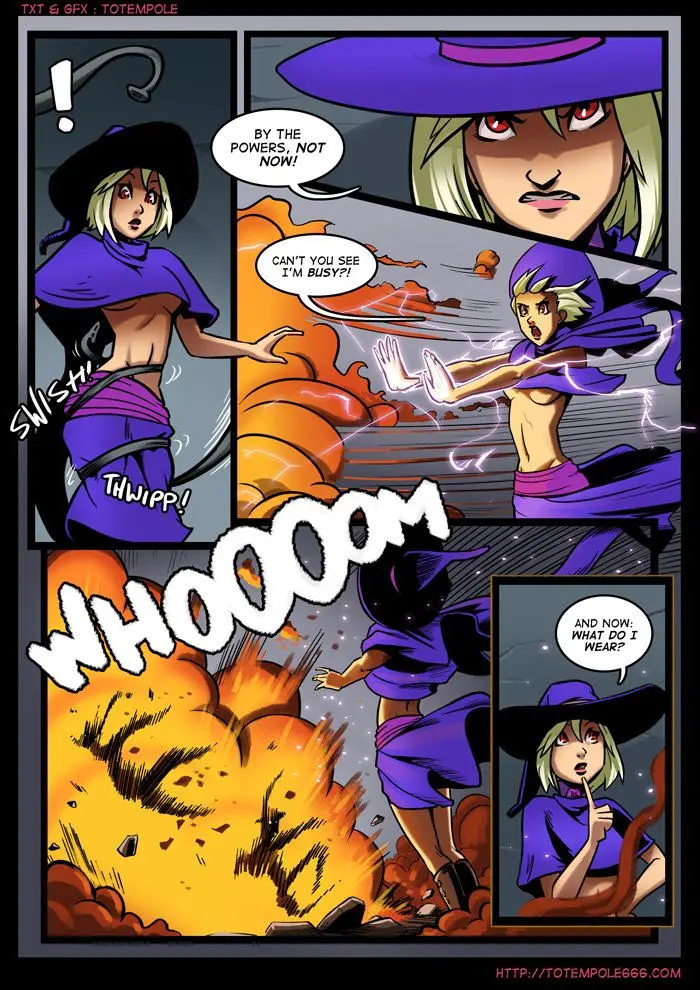 Totempole comic featuring a busty blonde witch, a muscular knight, and green demons in a fantasy setting.