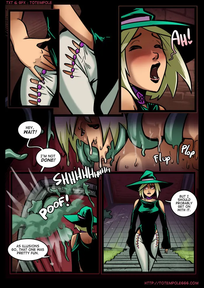 Totempole comic featuring a busty blonde witch, a muscular knight, and green demons in a fantasy setting.
