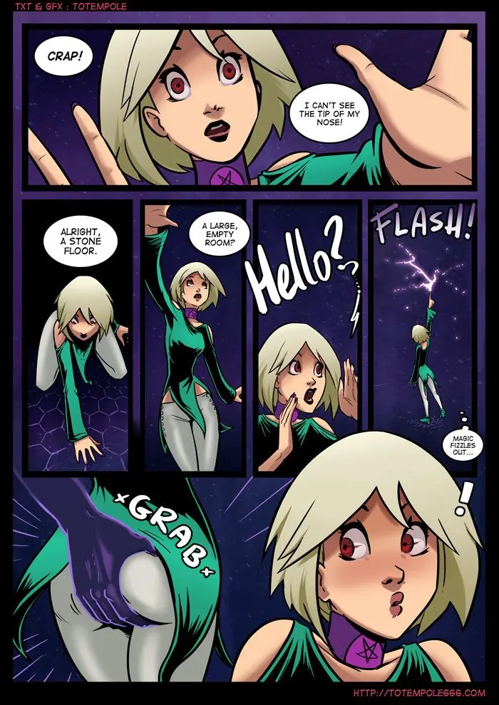 Totempole comic featuring a busty blonde witch, a muscular knight, and green demons in a fantasy setting.