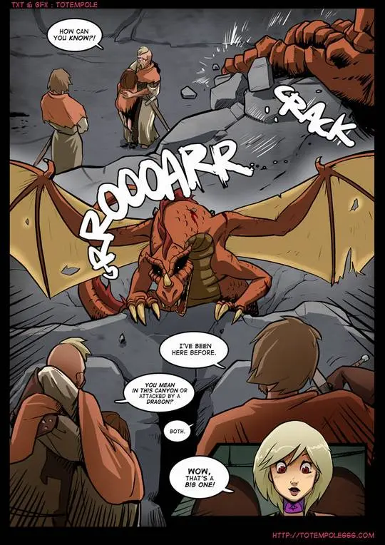 Totempole comic featuring a busty blonde witch, a muscular knight, and green demons in a fantasy setting.
