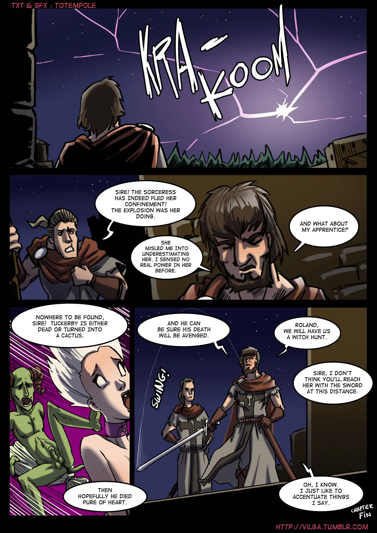 Totempole comic featuring a busty blonde witch, a muscular knight, and green demons in a fantasy setting.