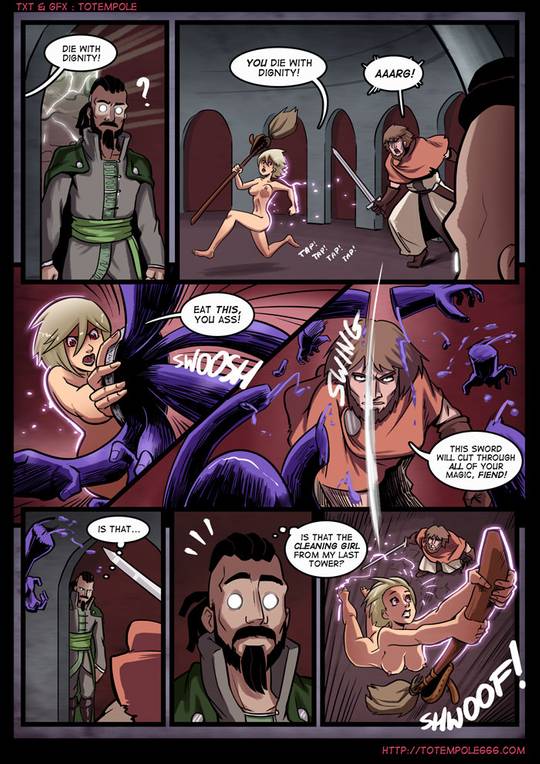 Totempole comic featuring a busty blonde witch, a muscular knight, and green demons in a fantasy setting.