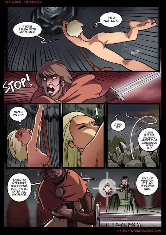 Totempole comic featuring a busty blonde witch, a muscular knight, and green demons in a fantasy setting.