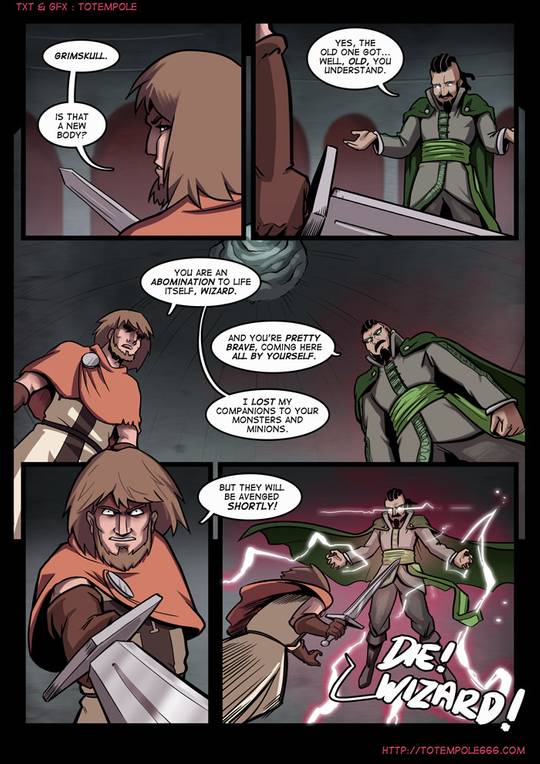 Totempole comic featuring a busty blonde witch, a muscular knight, and green demons in a fantasy setting.