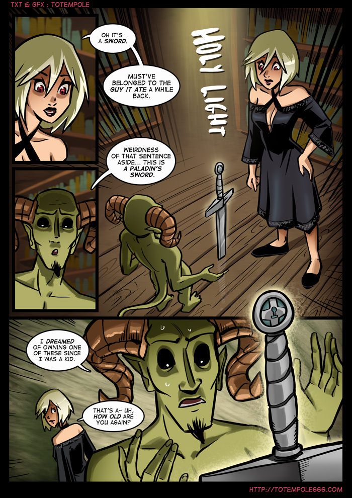 Totempole comic featuring a busty blonde witch, a muscular knight, and green demons in a fantasy setting.