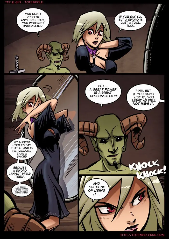 Totempole comic featuring a busty blonde witch, a muscular knight, and green demons in a fantasy setting.