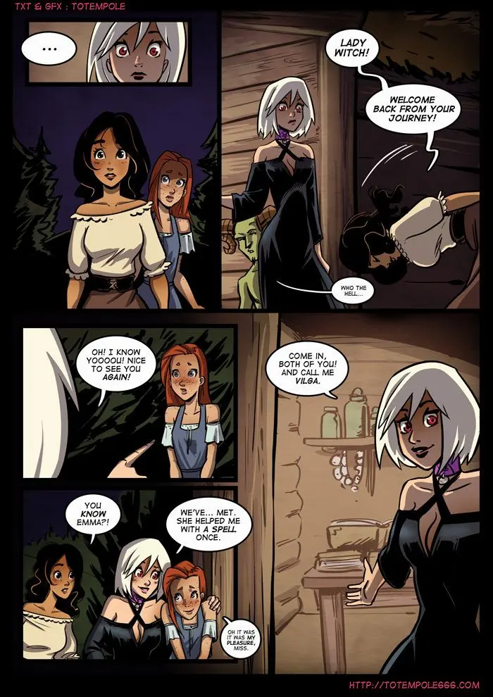 Totempole comic featuring a busty blonde witch, a muscular knight, and green demons in a fantasy setting.
