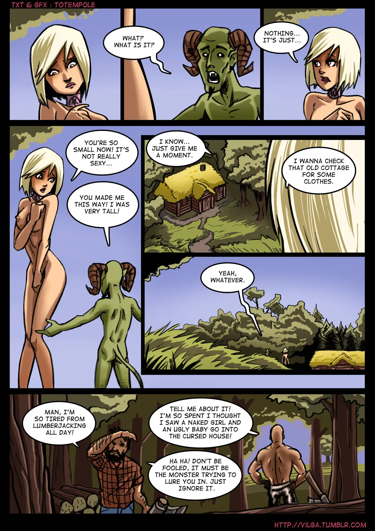 Totempole comic featuring a busty blonde witch, a muscular knight, and green demons in a fantasy setting.