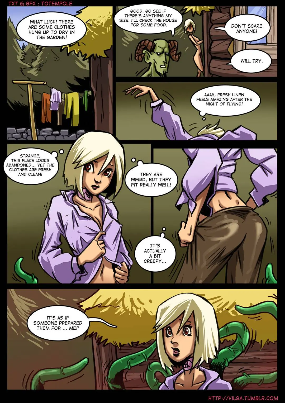 Totempole comic featuring a busty blonde witch, a muscular knight, and green demons in a fantasy setting.