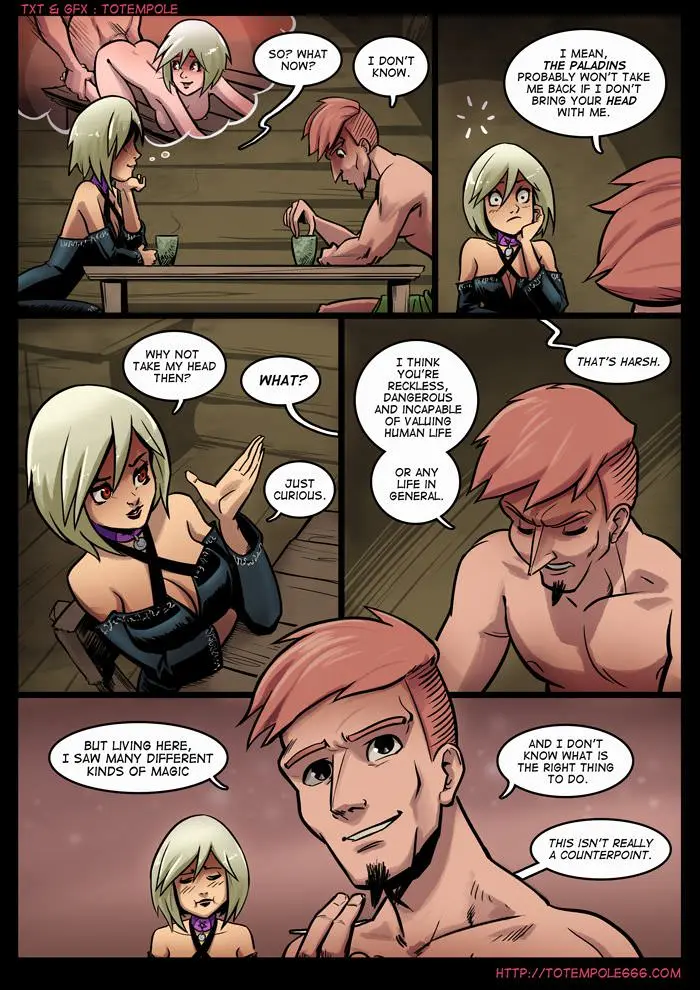 Totempole comic featuring a busty blonde witch, a muscular knight, and green demons in a fantasy setting.