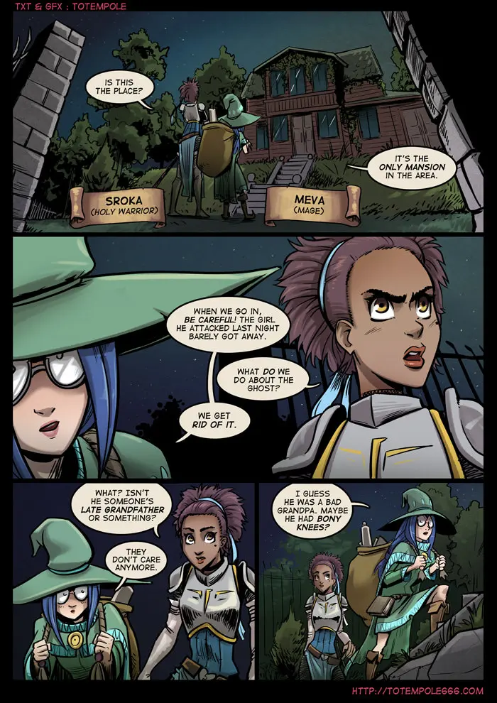 Totempole comic featuring a busty blonde witch, a muscular knight, and green demons in a fantasy setting.