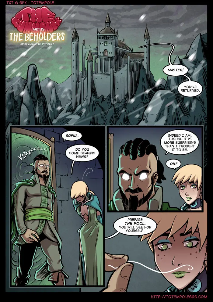 Totempole comic featuring a busty blonde witch, a muscular knight, and green demons in a fantasy setting.