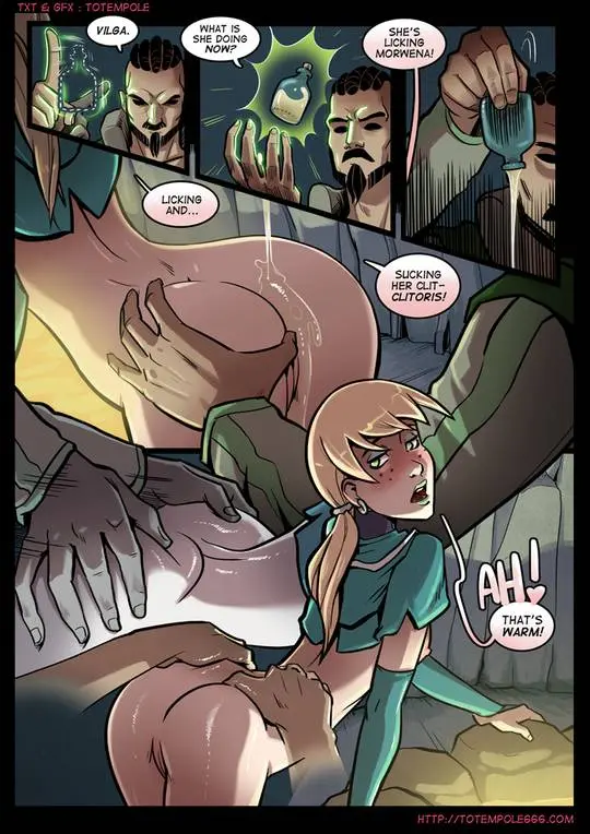 Totempole comic featuring a busty blonde witch, a muscular knight, and green demons in a fantasy setting.