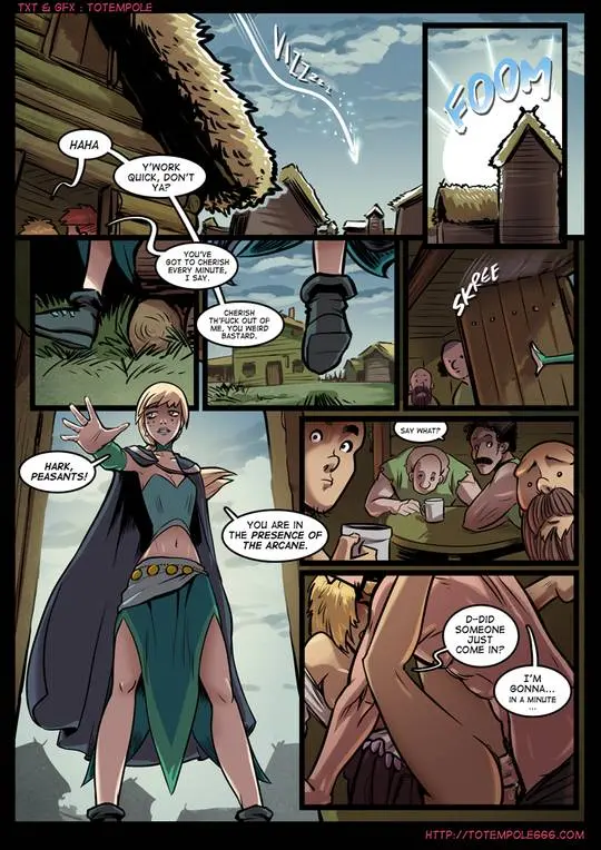 Totempole comic featuring a busty blonde witch, a muscular knight, and green demons in a fantasy setting.