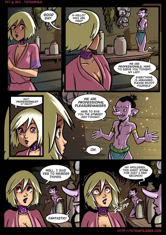 Totempole comic featuring a busty blonde witch, a muscular knight, and green demons in a fantasy setting.