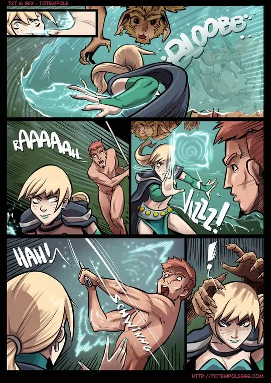 Totempole comic featuring a busty blonde witch, a muscular knight, and green demons in a fantasy setting.