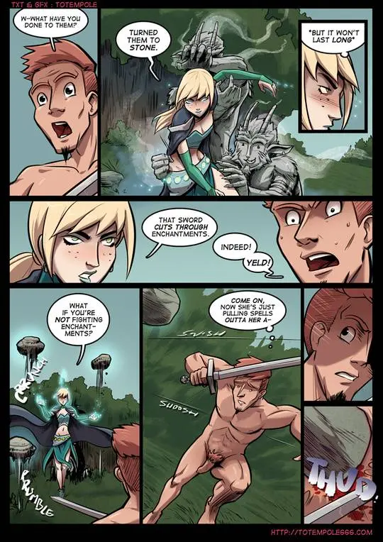 Totempole comic featuring a busty blonde witch, a muscular knight, and green demons in a fantasy setting.