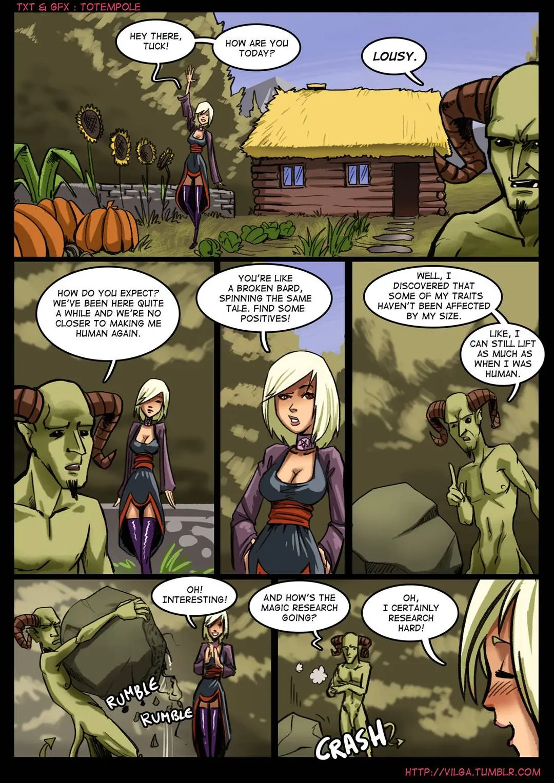 Totempole comic featuring a busty blonde witch, a muscular knight, and green demons in a fantasy setting.
