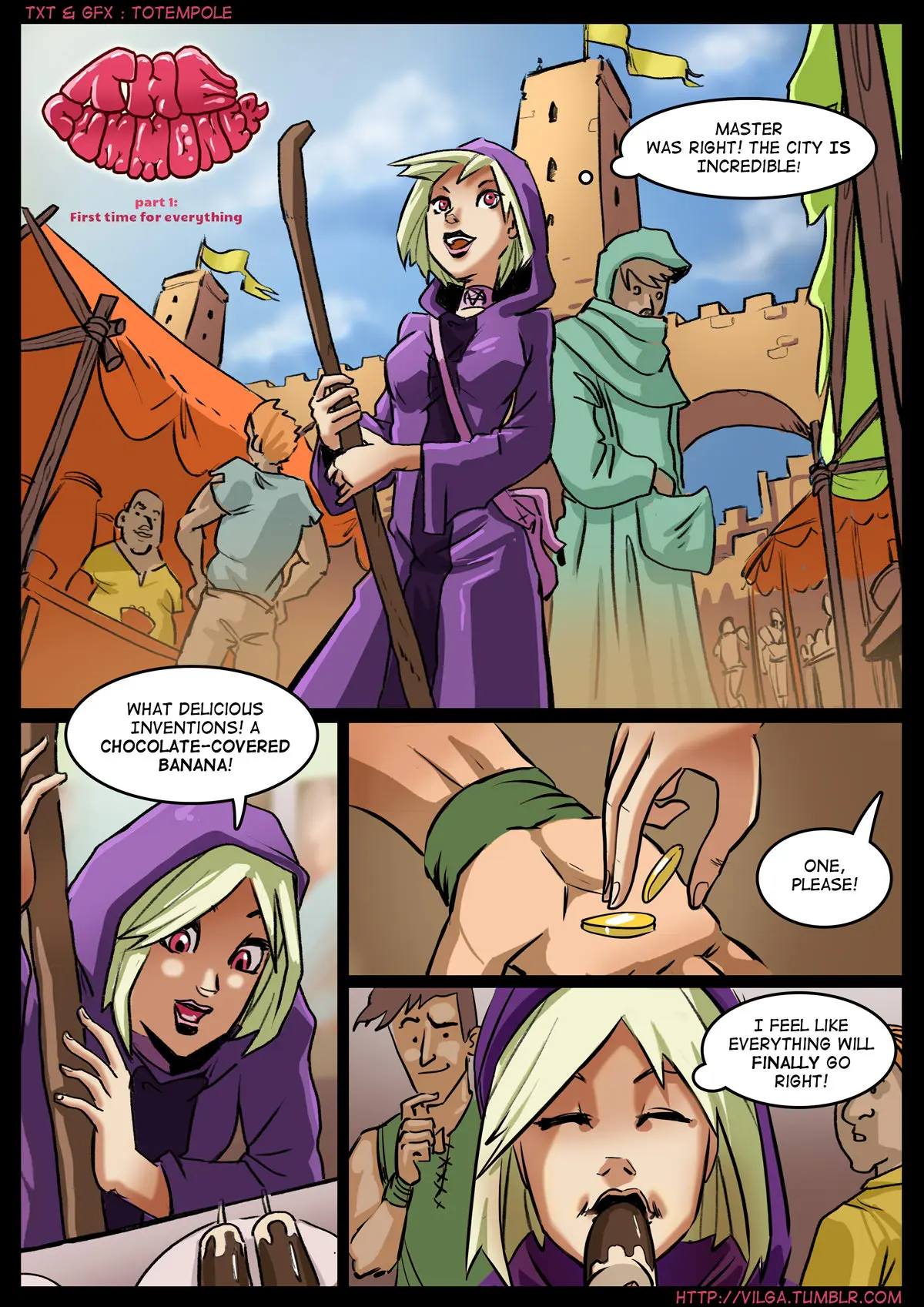 Totempole comic featuring a busty blonde witch, a muscular knight, and green demons in a fantasy setting.