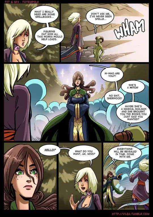 Totempole comic featuring a busty blonde witch, a muscular knight, and green demons in a fantasy setting.