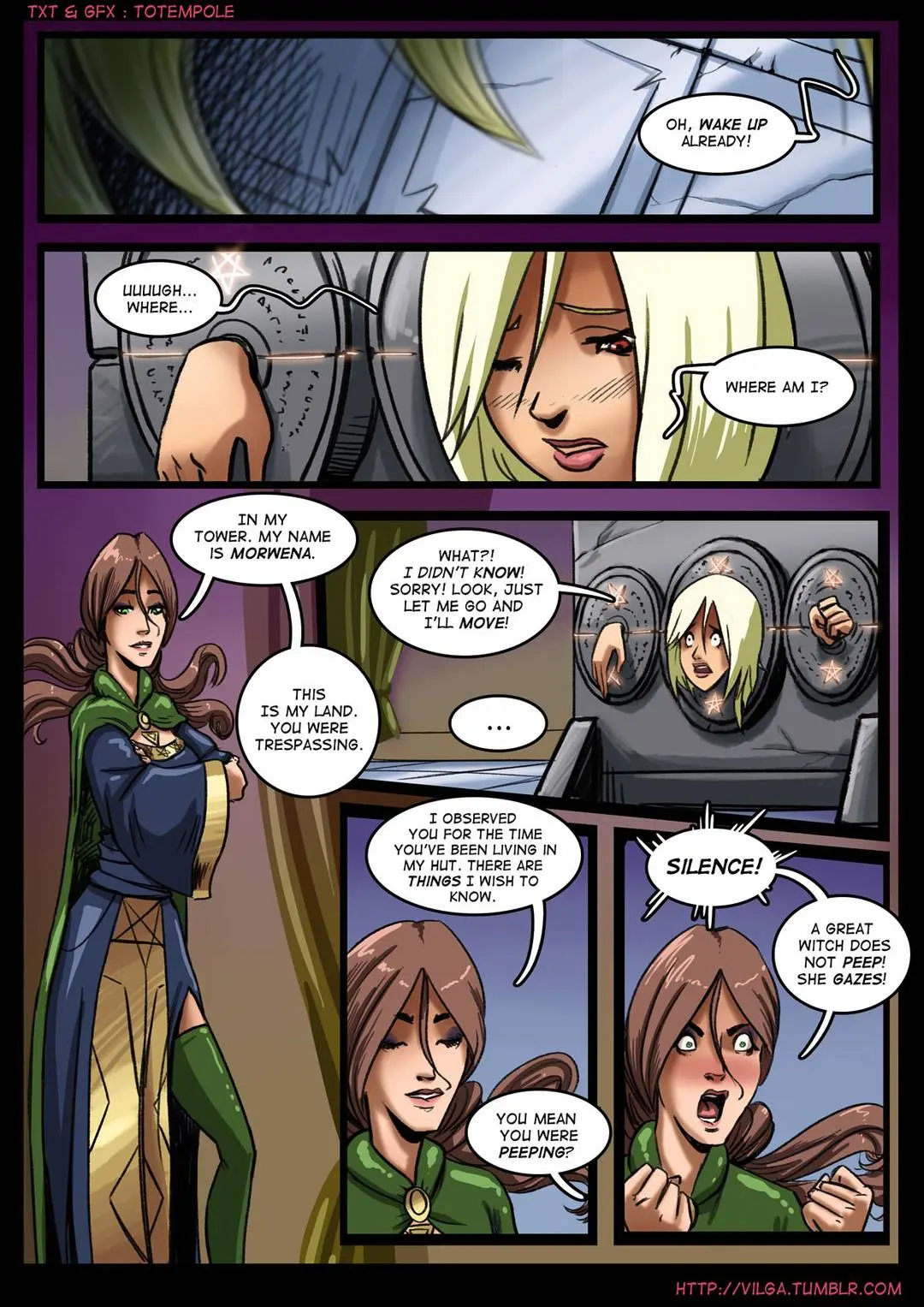 Totempole comic featuring a busty blonde witch, a muscular knight, and green demons in a fantasy setting.