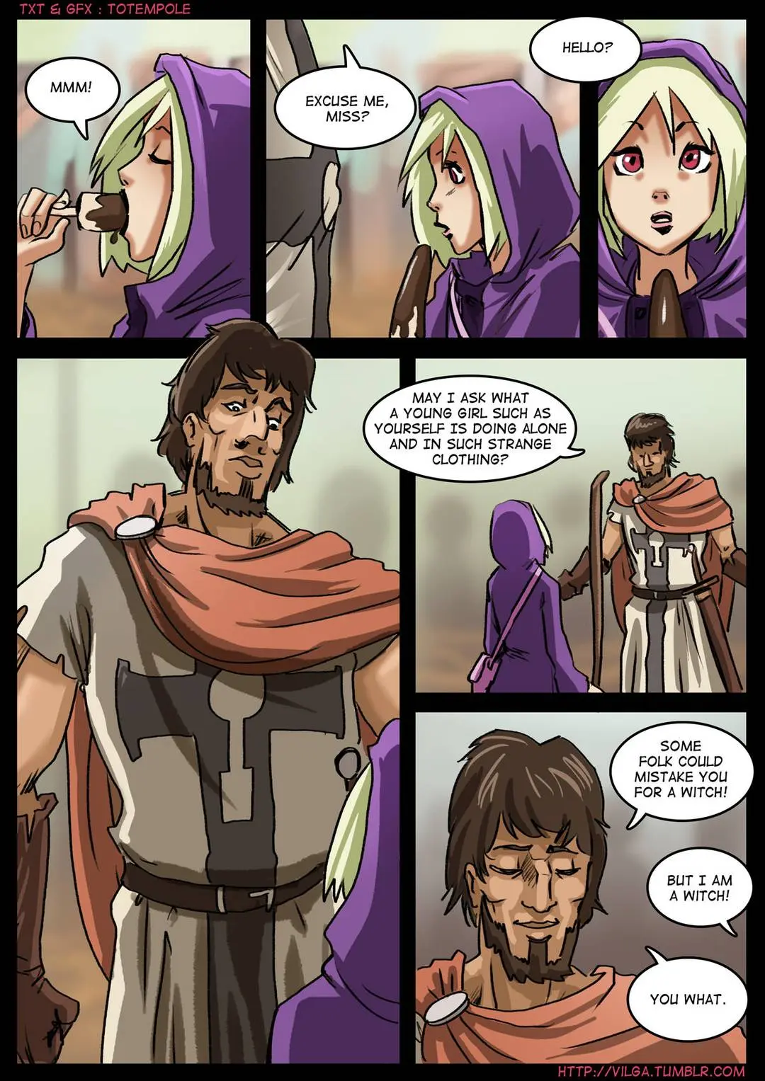 Totempole comic featuring a busty blonde witch, a muscular knight, and green demons in a fantasy setting.